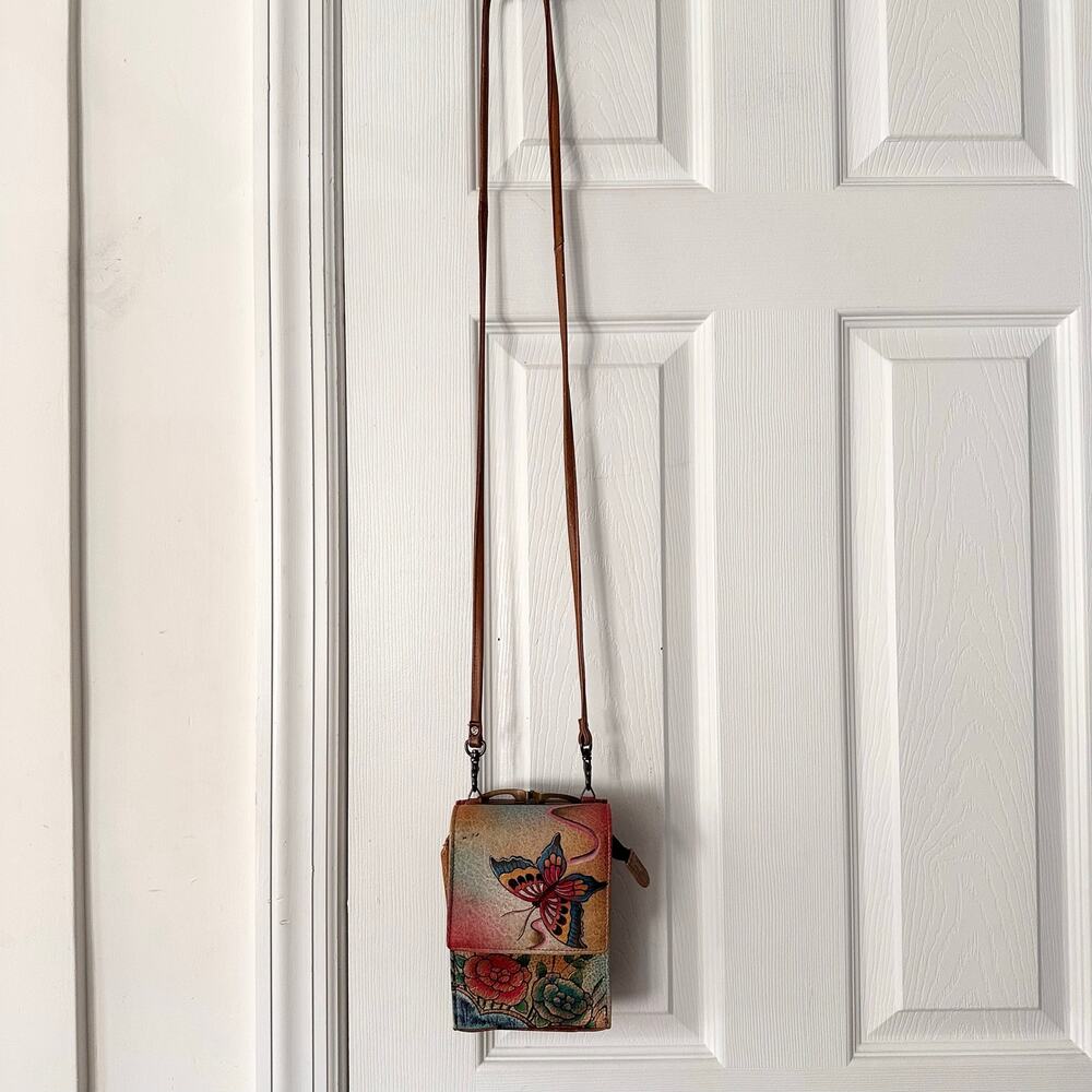 Anuschka Hand Painted Butterfly Rose Kisslock Flap Over Multi Pocket Wallet Bag - Picture 2 of 10
